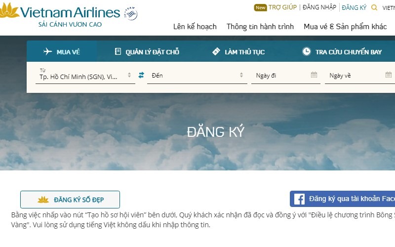 Truy cập trang chủ Vietnam Airline để tạo tài khoản khách hàng