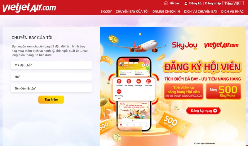 Đổi chuyến bay Vietjet online qua website