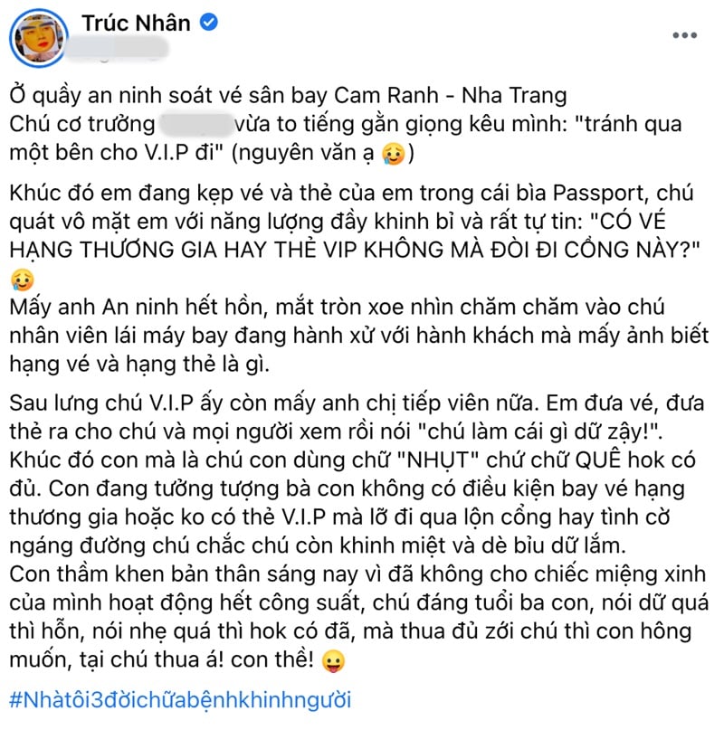 Ca sĩ Trúc Nhân không hài lòng với thái độ của phi công Vietjet